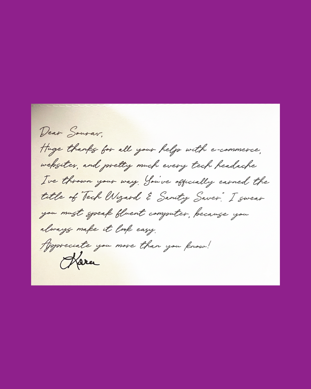 Handwritten letter from Kara, founder of Creative Energy Candles